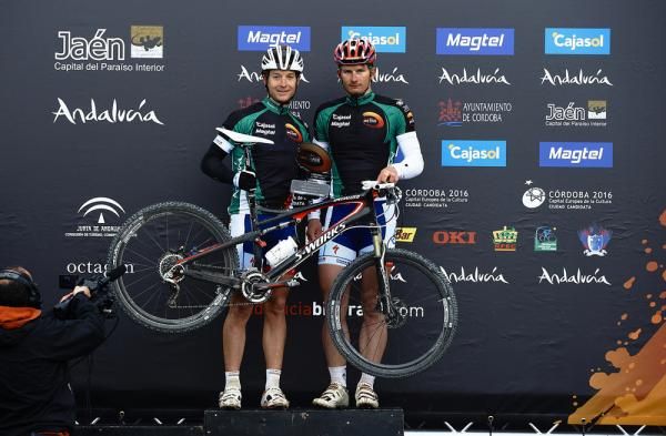 Overall Andalucia Bike Race winners Kristian Hynek and Pavel Boudny (Ceska Sporitelna -Specialized) on the podium
