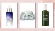 Collage of Elemis products (L-R) including the Overnight Radiance Peel, Pro-Collagen Night Cream and Superfood Facial Wash, on a pink watercolour background