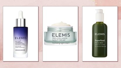 Collage of Elemis products (L-R) including the Overnight Radiance Peel, Pro-Collagen Night Cream and Superfood Facial Wash, on a pink watercolour background