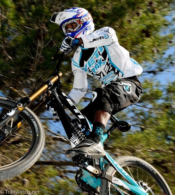 A Yeti Factory Racer launches off a jump