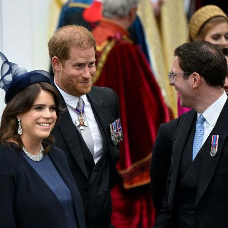 Prince Harry, Princess Eugenie and Jack Brooksbank laughing at The King's coronation