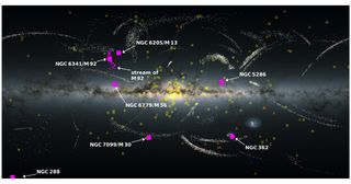 The Gaia spacecraft's view of the Milky Way galaxy, with purple marking the remains of the Pontus galaxy.