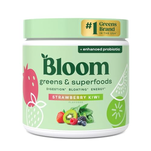 Bloom Super Greens Powder Strawberry Kiwi (30 Servings) Blends Probiotics, Enzymes, Spirulina, and Chlorella to Support Women&amp;rsquo;s Gut Health, Ease Bloating, and Promote Healthy Digestion Naturally