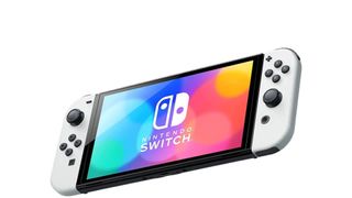 A Nintendo Switch OLED console in front of a white background