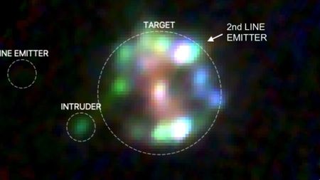 A pixelated image of a glowing circle of colors.