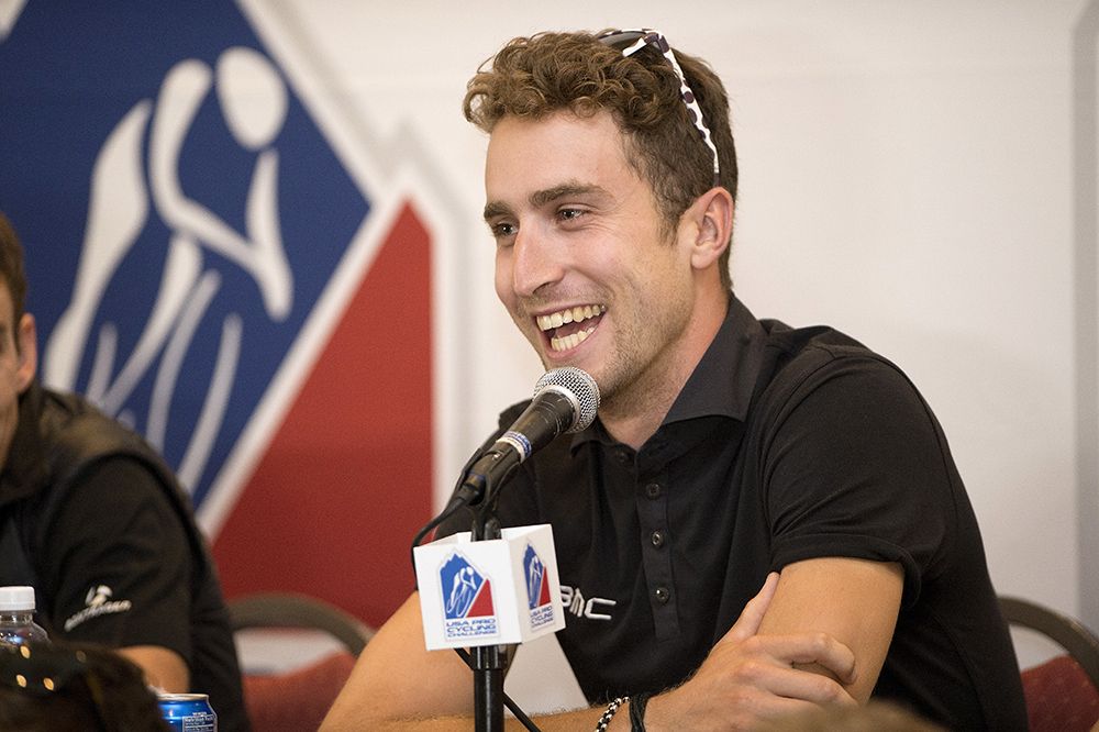 Taylor Phinney cracks a smile and laugh in the press conference