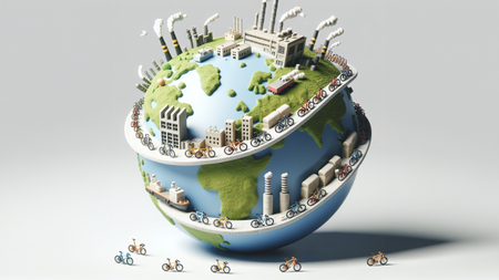 A 3D visualisation of the earth with small bicycles and factories depicting the global production and supply process for the bicycle industry