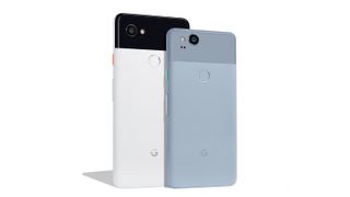 The rear of the Google Pixel 2 and Pixel 2 XL. Coloured Blue and White, respectively. Showing the best smartphone camera.