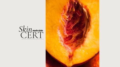 A close-up picture of the centre of a peach, next to text that reads SkinCERT