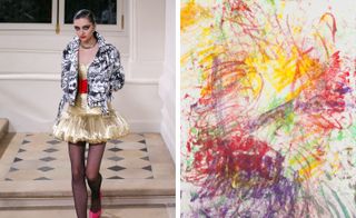 Left, a female model with slicked back hair wearing a black and white abstract pattern jacket, a short white dress and a thick red belt. Right, a white page with different colour crayon scribbles all over it.