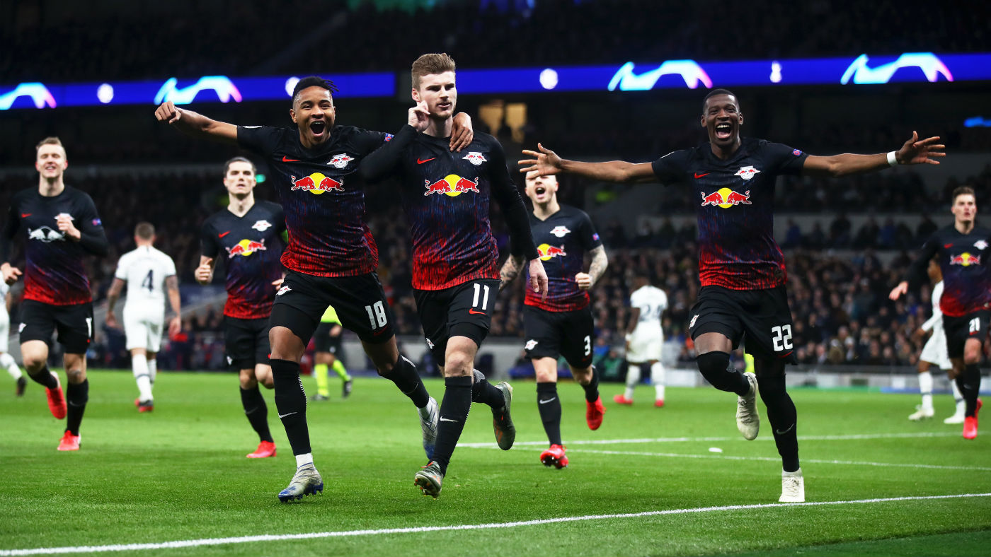 RB Leipzig striker Timo Werner celebrates his winner against Tottenham in the Champions League 