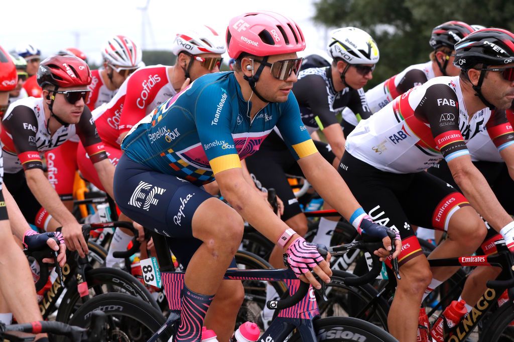 HOOGERHEIDE NETHERLANDS SEPTEMBER 01 Stefan Bissegger of Switzerland and Team EF Education Nippo Blue Leader Jersey competes during the 17th Benelux Tour 2021 Stage 3 a 1683km stage from Essen to Hoogerheide BeneluxTour on September 01 2021 in Hoogerheide Netherlands Photo by Bas CzerwinskiGetty Images