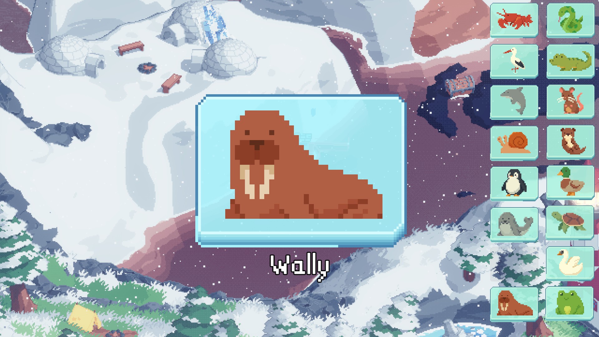 Spilled! screenshot of Wally the walrus, with a collection of other animals that have been saved on the right-hand side of the screen