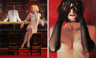 Two oil paintings, left: naked woman, orange bob style hair, long detailed necklaces, legs crossed at a wooden stool at a bar, male bartender behind the bar, red carpet Right: topless female wearing long black gloves, hands over her eyes, black hair, red lipstick, red background