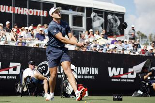 Seb Twaddell in Long Drive action hitting the golf ball