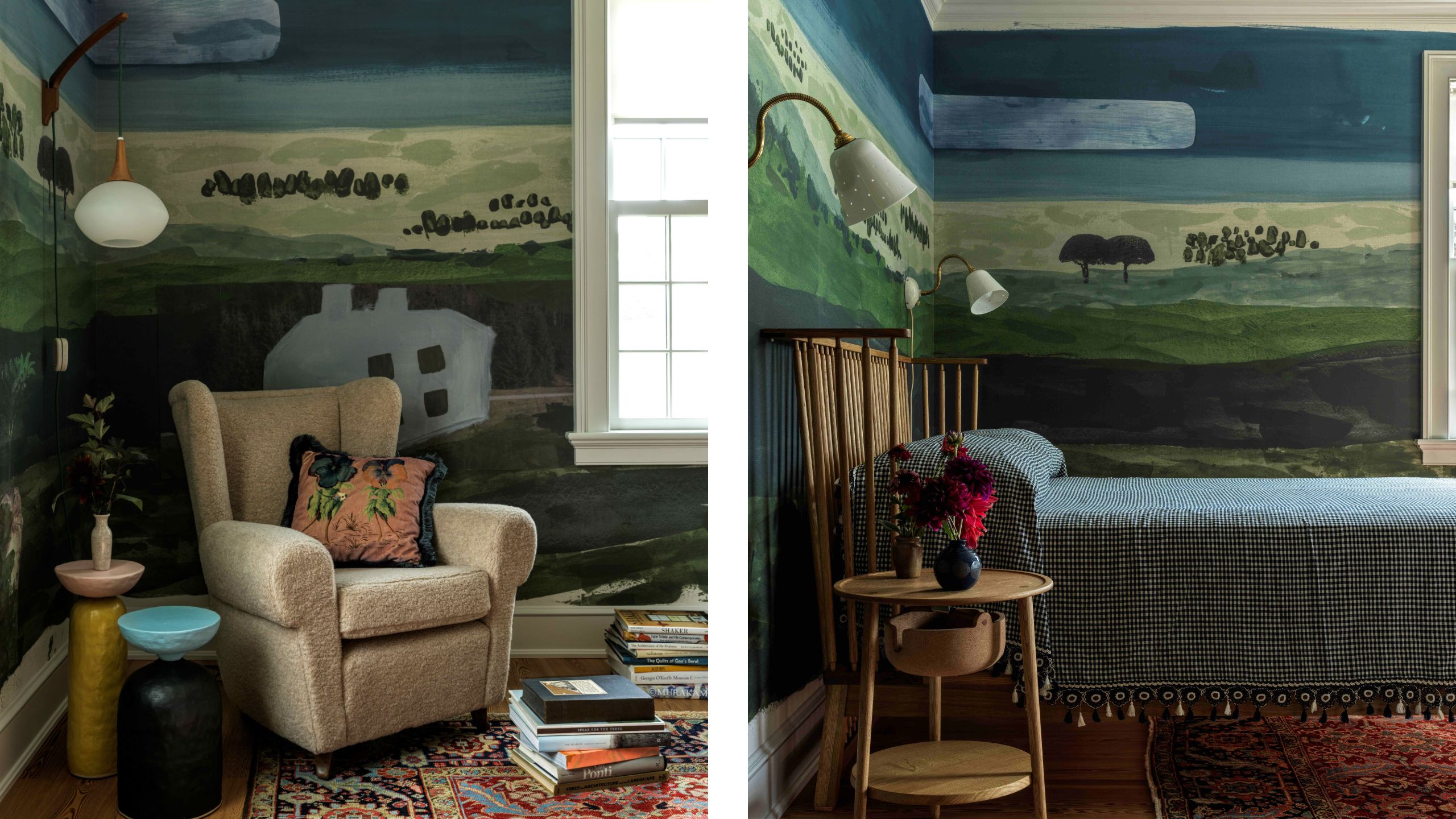 two side by side images of a landscape mural wrapped guest suite with simple wooden furniture and boucle chair