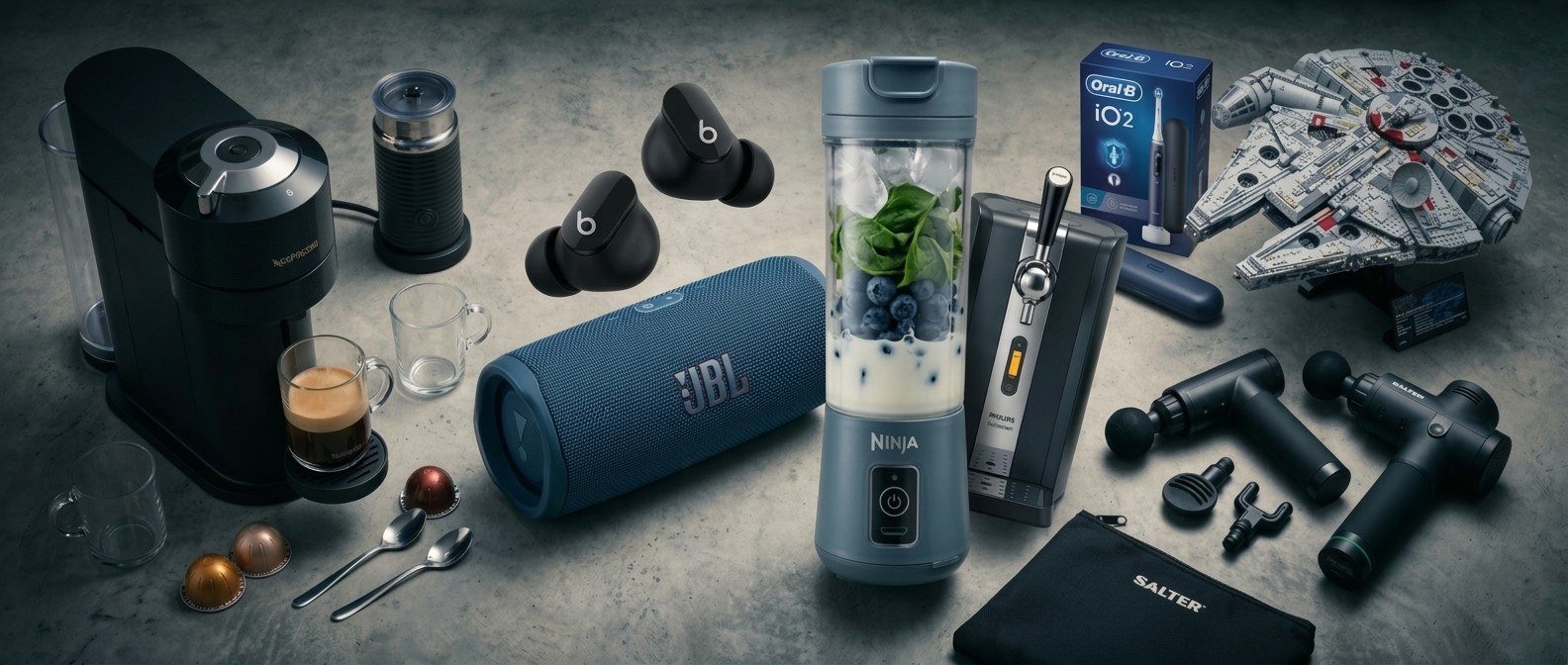 A collage of tech from the Currys Father's Day sale, including Beats, Lego, Oral-B, Salter, JBL, De'Longhi, Philips, and Ninja