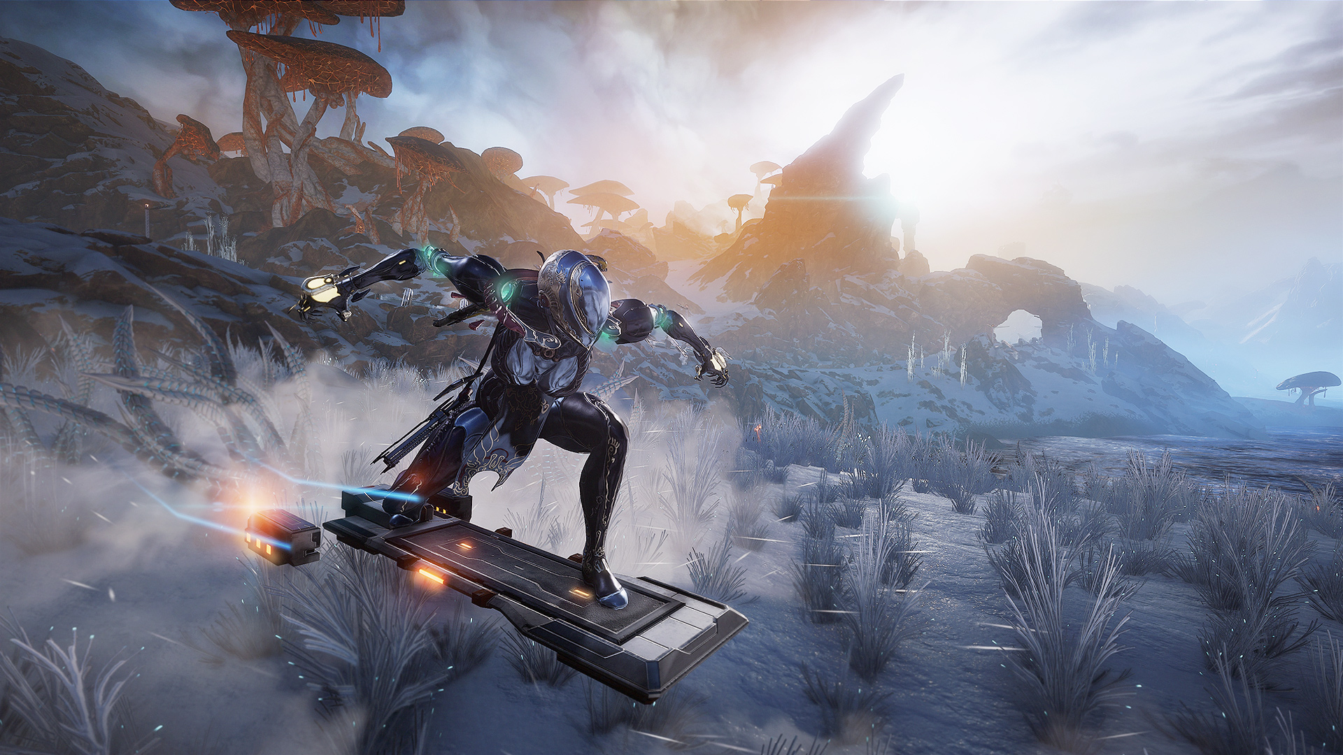Free Steam games - Warframe - A player rides a hoverboard across an alien planet lanscape
