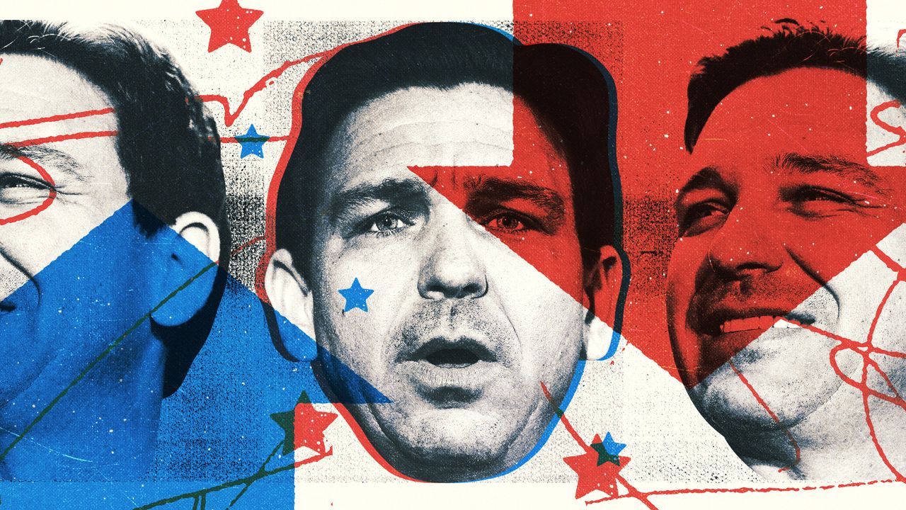 Photo composite of Ron DeSantis and arrows pointing up and down