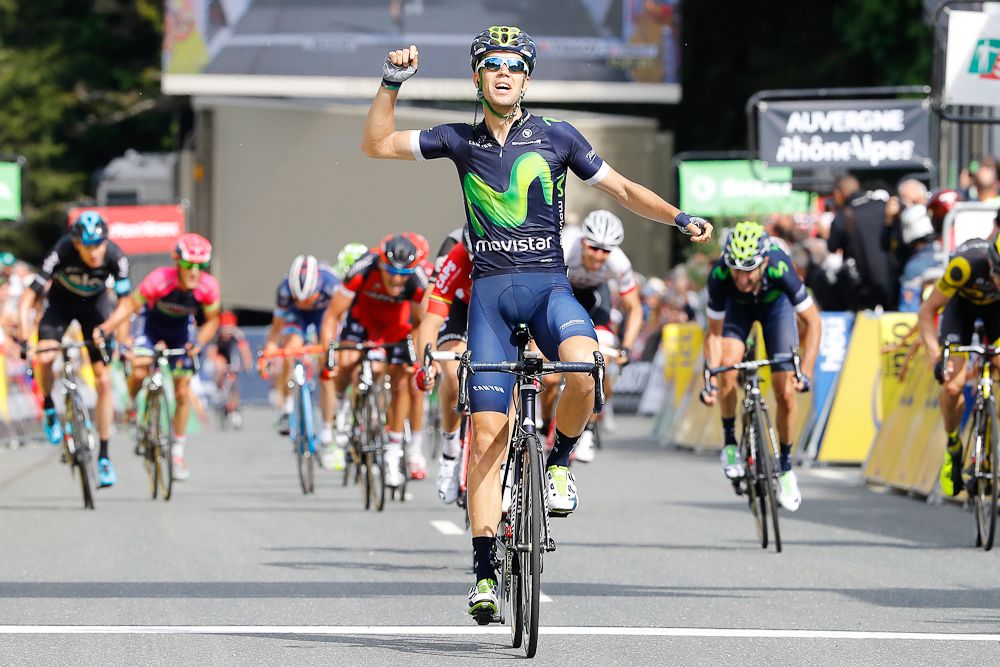 Jesus Herrada (Movistar) celebrates winning stage 2 at the Criterium du Dauphine