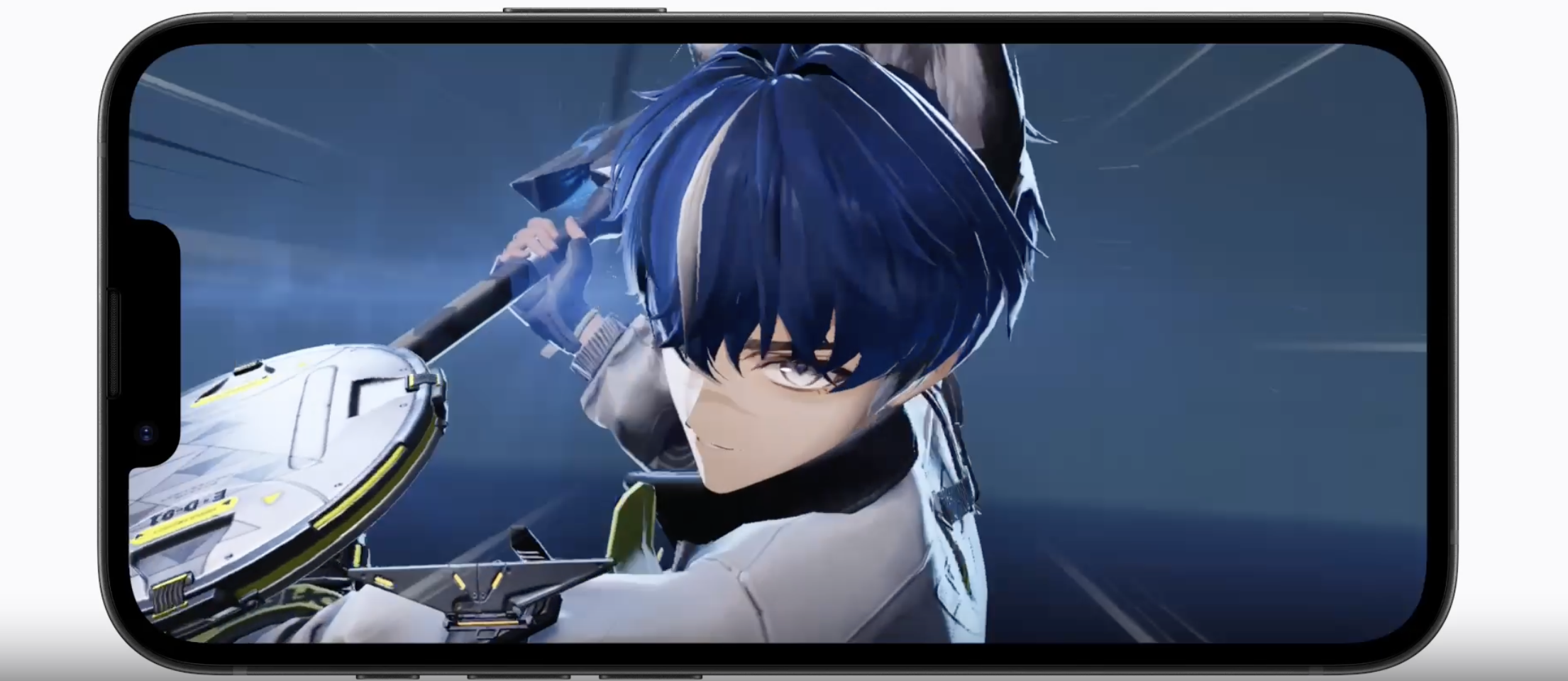 An iPhone 17e in landscape orientation displays a high-action anime-style video game, emphasizing its edge-to-edge screen and notch design.