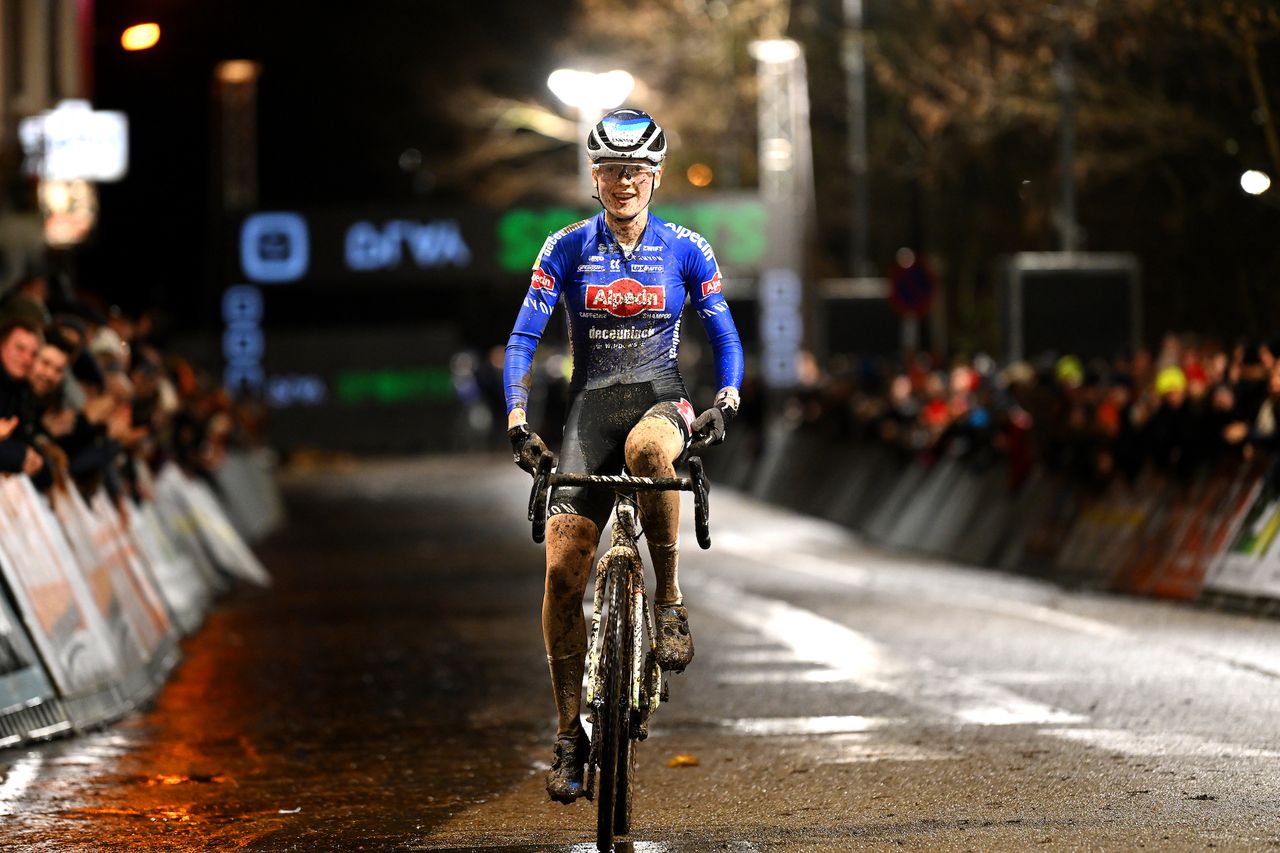 ANTWERPEN, BELGIUM - DECEMBER 28: Puck Pieterse of The Netherlands and Team Alpecin - Deceuninck celebrates at finish line as race winner during the 46th Superprestige Cyclocross Diegem 2022 - Women's Elite / #Superprestige2023 / on December 28, 2022 in Antwerpen, Belgium. (Photo by Luc Claessen/Getty Images)