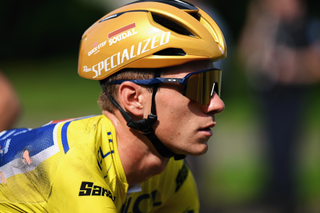 MACON, FRANCE - JUNE 12: Remco Evenepoel of Belgium and Team Soudal Quick-Step - Yellow leader jersey reacts after the 77th Criterium du Dauphine 2025, Stage 5 a 183km stage from Saint-Priest to Macon / #UCIWT / on June 12, 2025 in Macon, France. (Photo by Dario Belingheri/Getty Images)
