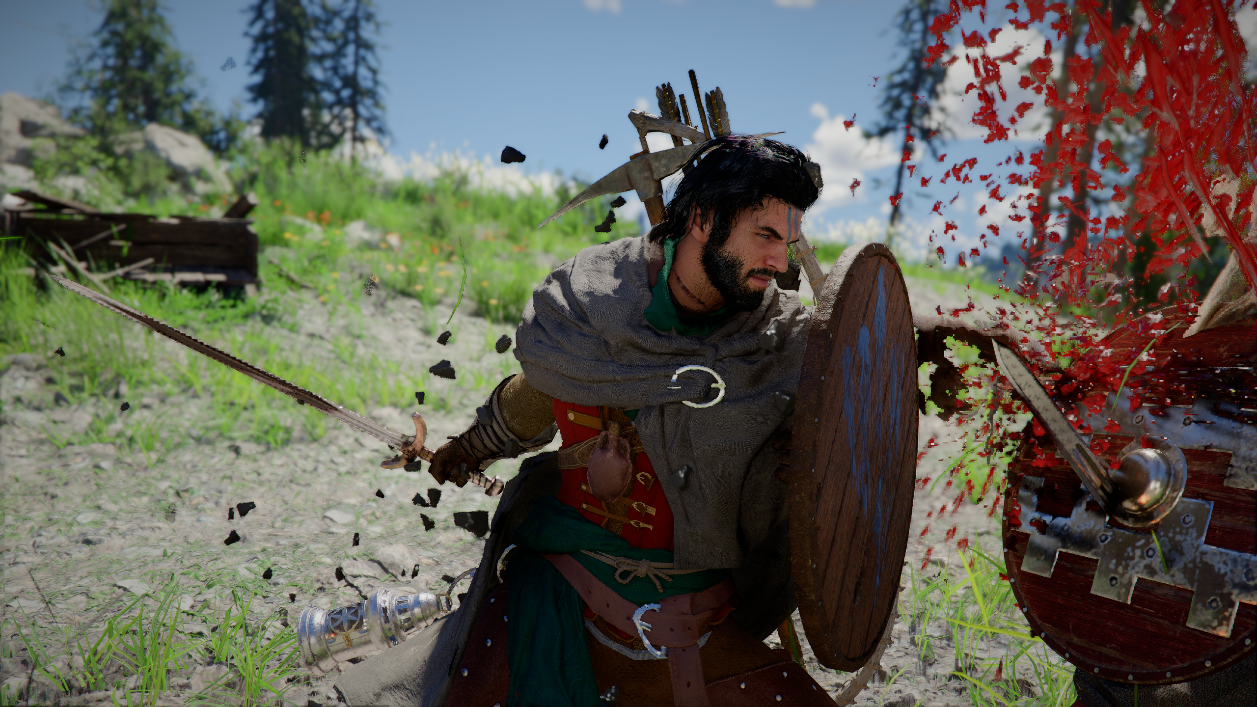 Crimson Desert skills: Kliff with his shield raised after a deadly slice against an enemy in the right corner.