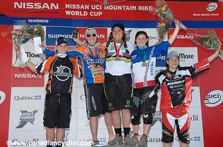 A World Cup DH Podium: Tracey Hannah, Tracy Moseley, Sabrina Jonnier, Emmeline Ragot, Céline Gros