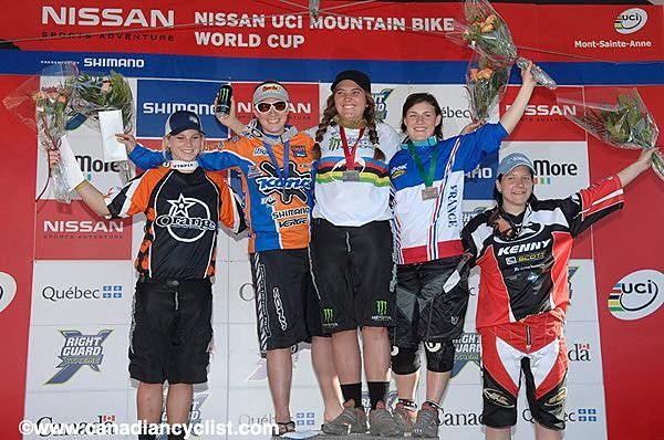 A World Cup DH Podium: Tracey Hannah, Tracy Moseley, Sabrina Jonnier, Emmeline Ragot, C&eacute;line Gros