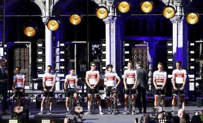 The Trek-Segafredo in their special jerseys for the 2019 Tour de France at the teams presentation in Brussels