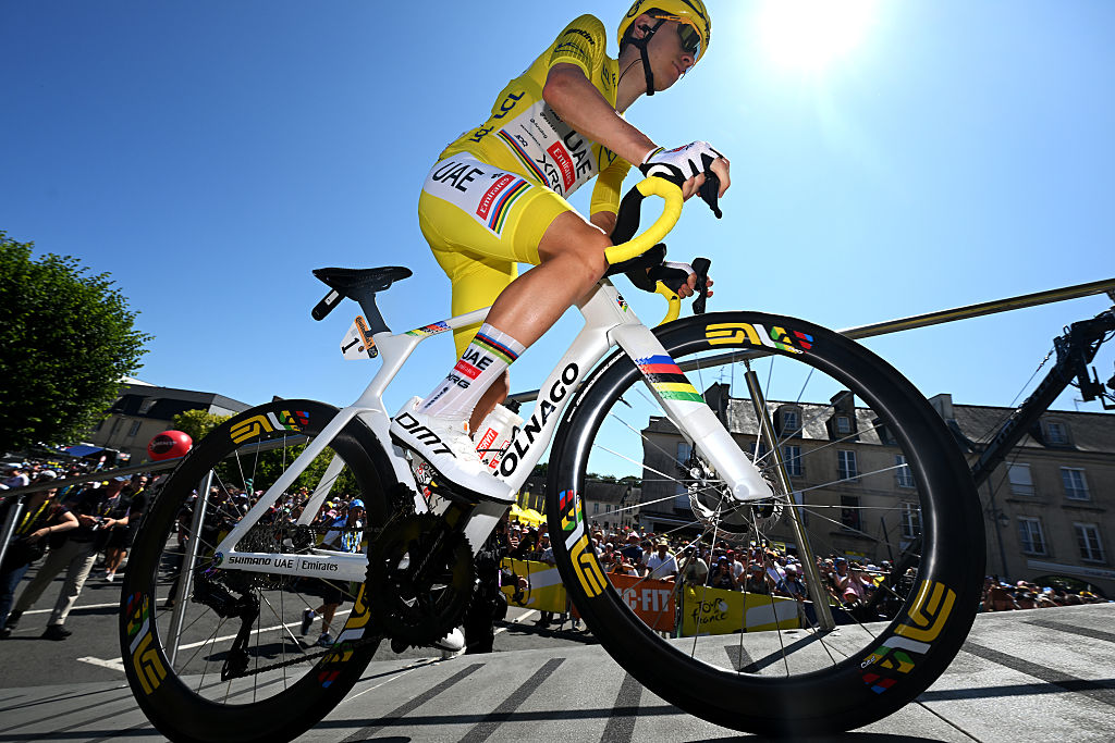 BAYEUX, FRANCE - JULY 10: Tadej Pogacar of Slovenia and UAE Team Emirates - XRG - Yellow leader jersey prior to the 112th Tour de France, Stage 6 a 201.5km stage from Bayeux to Vire Normandie / #UCIWT / on July 10, 2025 in Bayeux, France. (Photo by Dario Belingheri/Getty Images)