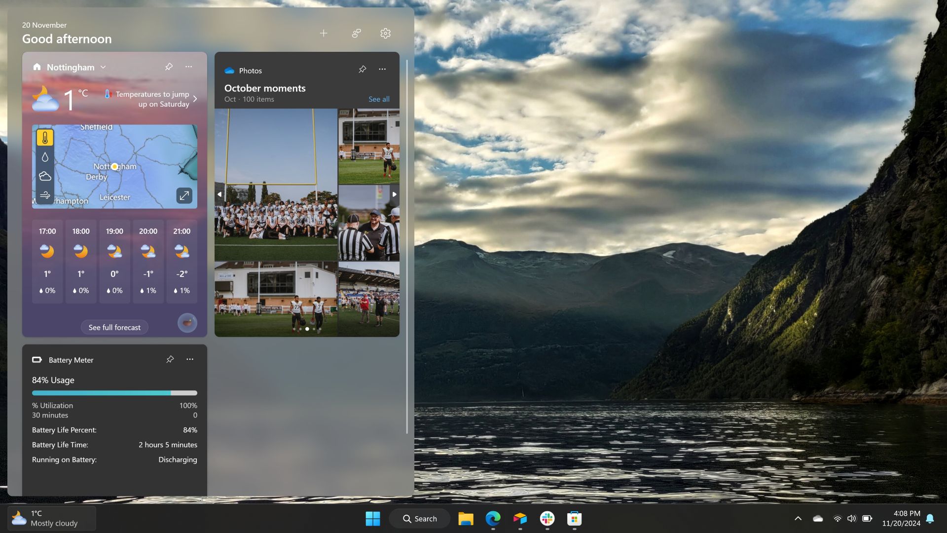 Widgets panel on Windows 11 with Weather widget, OneDrive widget, and battery meter widget.