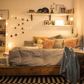 Bedroom decorated with fairy lights