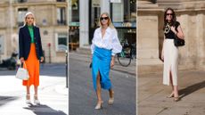 A composite of influencers showing how to style a slip skirt for work