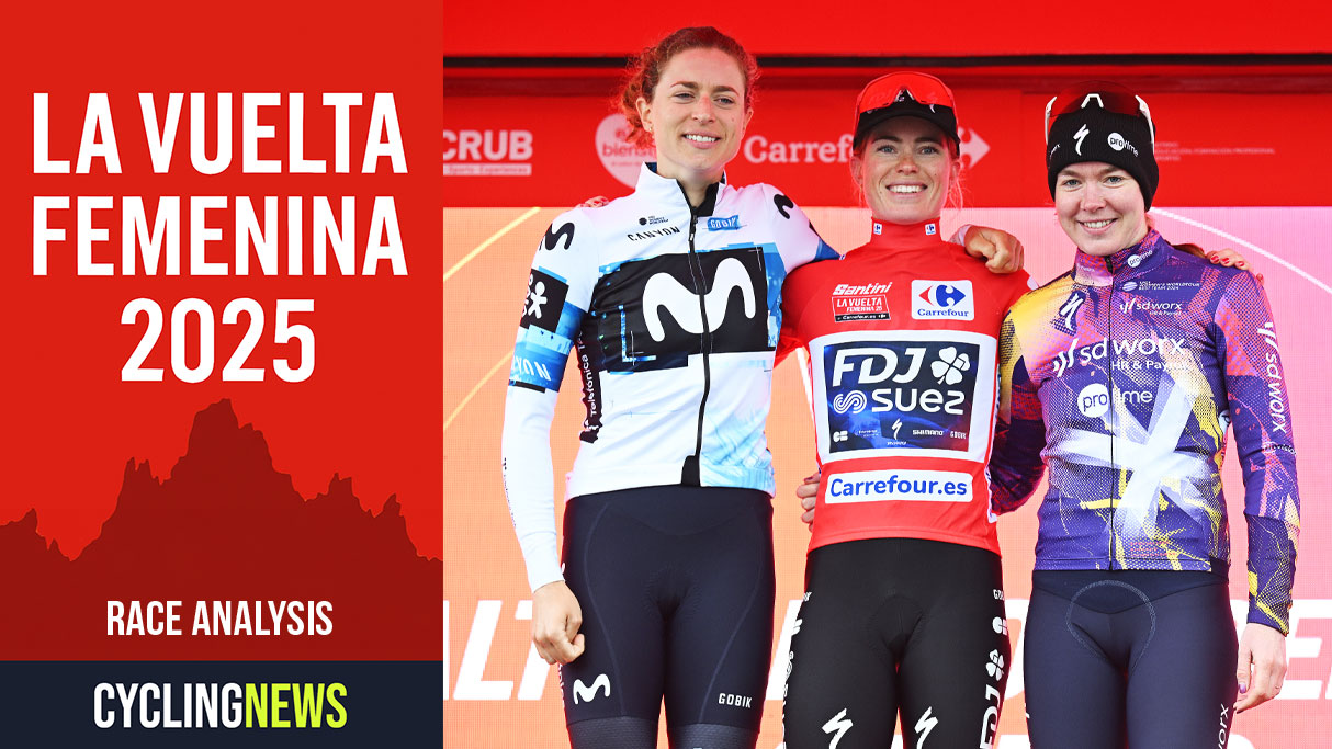 ALTO DE COTOBELLO SPAIN MAY 10 LR Marlen Reusser of Switzerland and Team Movistar on second place race winner Demi Vollering of Netherlands and Team FDJ SUEZ Red Leader Jersey and Anna van der Breggen of Netherlands and Team SD Worx Protime on third place pose on the podium ceremony after the 11th La Vuelta Femenina 2025 Stage 7 a 1526km stage from La Robla to Alto de Cotobello 1197m UCIWWT on May 10 2025 in Alto de Cotobello Spain Photo by Szymon GruchalskiGetty Images