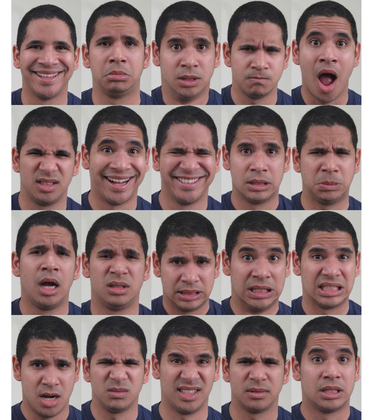 a collection of 20 photos of a man expressing different facial expressions