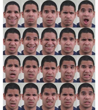 Twenty facial expressions of basic and compound emotion categories. From left to right and top to bottom, these categories correspond to: happy, sad, fearful, angry, surprised, disgusted, happily surprised, happily disgusted, sadly fearful, sadly angry, s