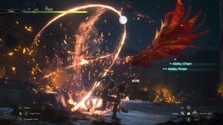 Final Fantasy 16 screenshot showcases combat with Clive and many UI elements on a dark night against soldiers