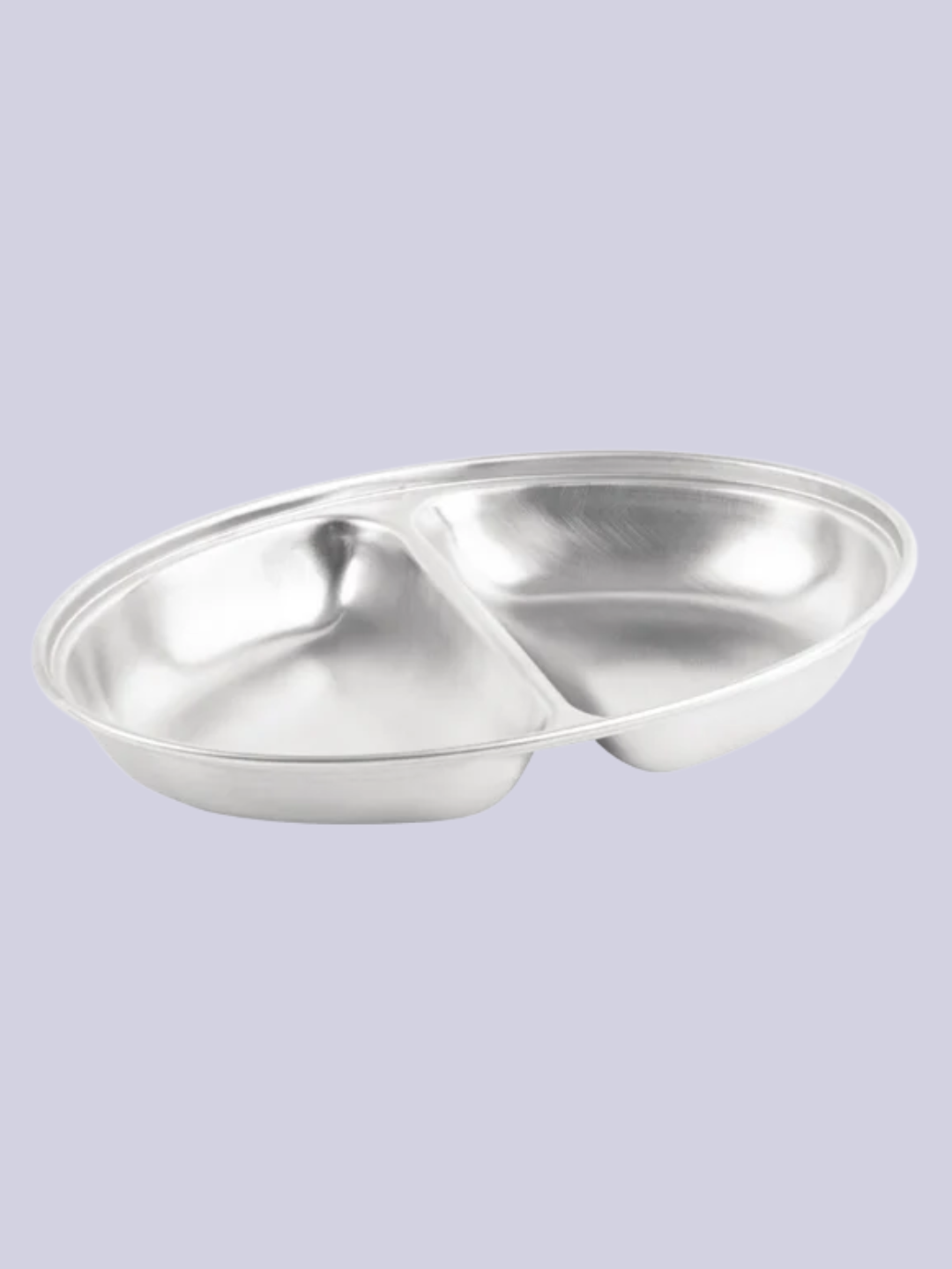 A two-compartment stainless steel dish from Olympia