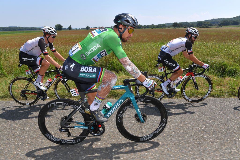 Peter Sagan all bandaged up after a crash on stage 17