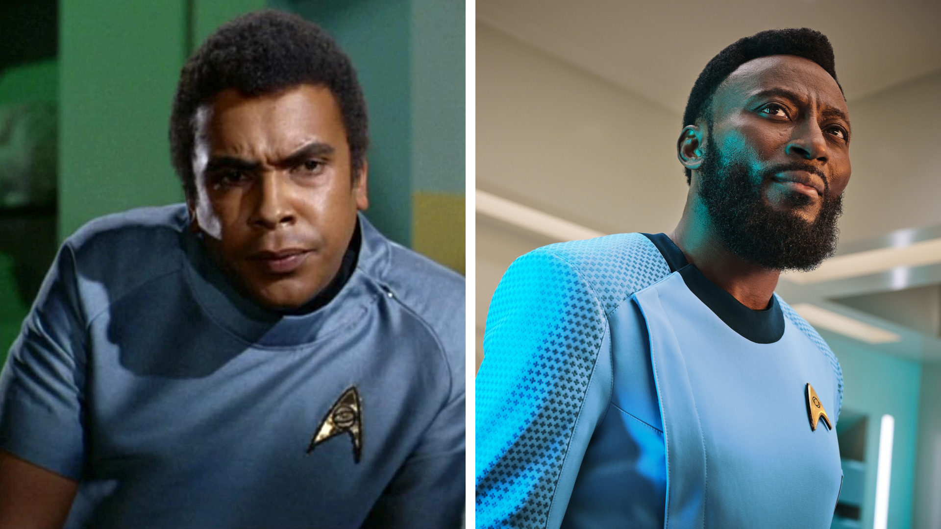 Split image showing Booker Bradshaw (Left) and Babs Olusanmokun (Right), who played Dr Joseph M'Benga in Star Trek: The Original Series and Star Trek: Strange New Worlds, respectively.