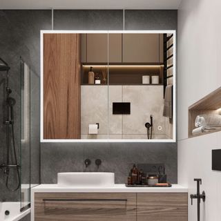 A Mirtle 30'' W 24'' H Medicine Cabinet with Mirror 3 Shelves in a modern bathroom