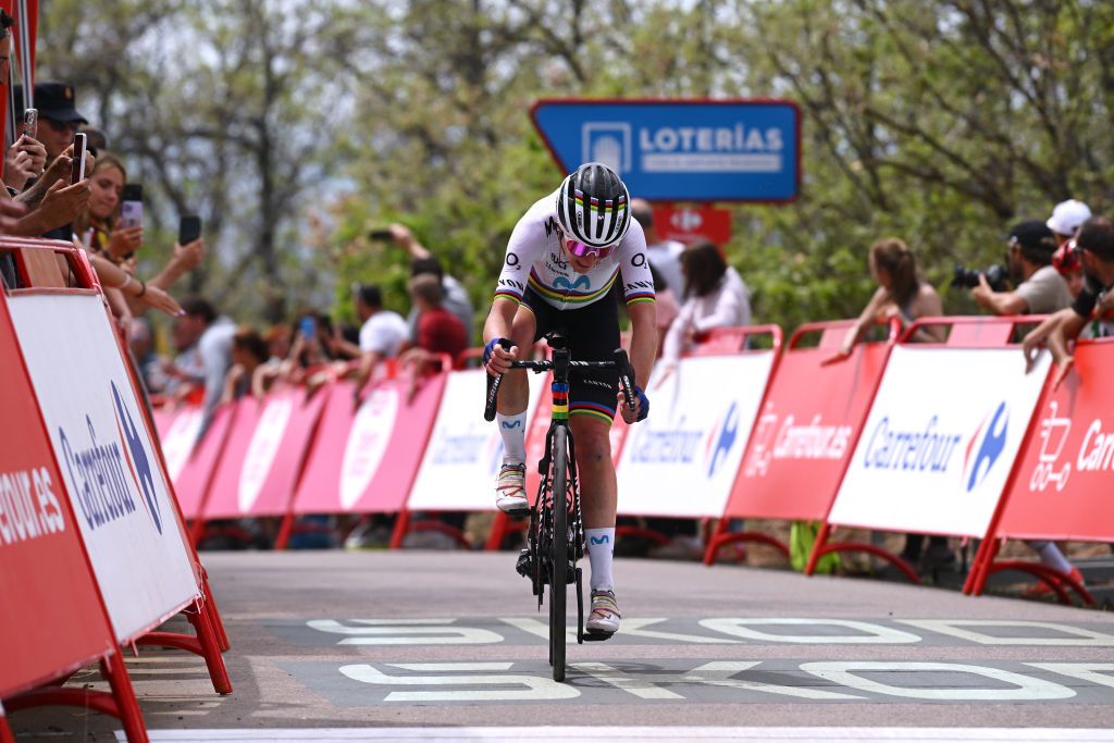 MIRADOR DE PEAS LLANAS SPAIN MAY 05 Annemiek Van Vleuten of The Netherlands and Movistar Team crosses the finish line on second place during the 9th La Vuelta Femenina 2023 Stage 5 a 1292km stage from La Cabrera to Mirador de Peas Llanas 1479m UCIWWT on May 05 2023 in Mirador de Peas Llanas Spain Photo by Dario BelingheriGetty Images