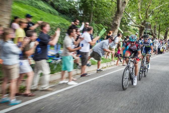 Jens Voigt (Radioshack) leads the break up the climb