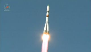 A Soyuz rocket launches the unmanned Progress 59 cargo ship from Baikonur Cosmodrome, Kazakhstan on April 28, 2015 on a mission to deliver supplies to the International Space Station. Progress 59 reached orbit, but then malfunctioned.