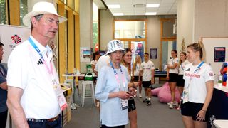 IOC member Anne, Princess Royal and Timothy Lawrence visit Team GB House at Team GB House on day five of the Olympic Games Paris 2024 on July 31, 2024 in Paris