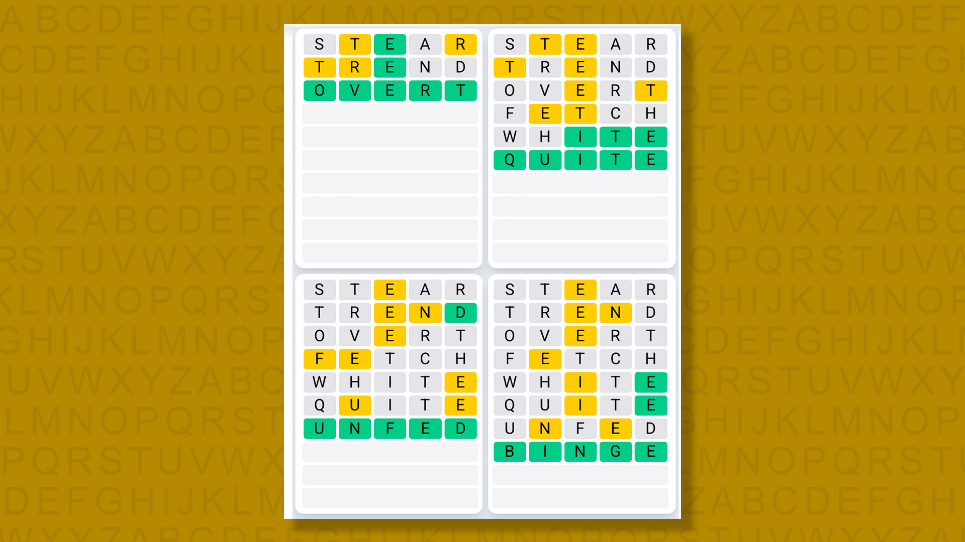 Quordle Daily Sequence answers for game 1560 on a yellow background