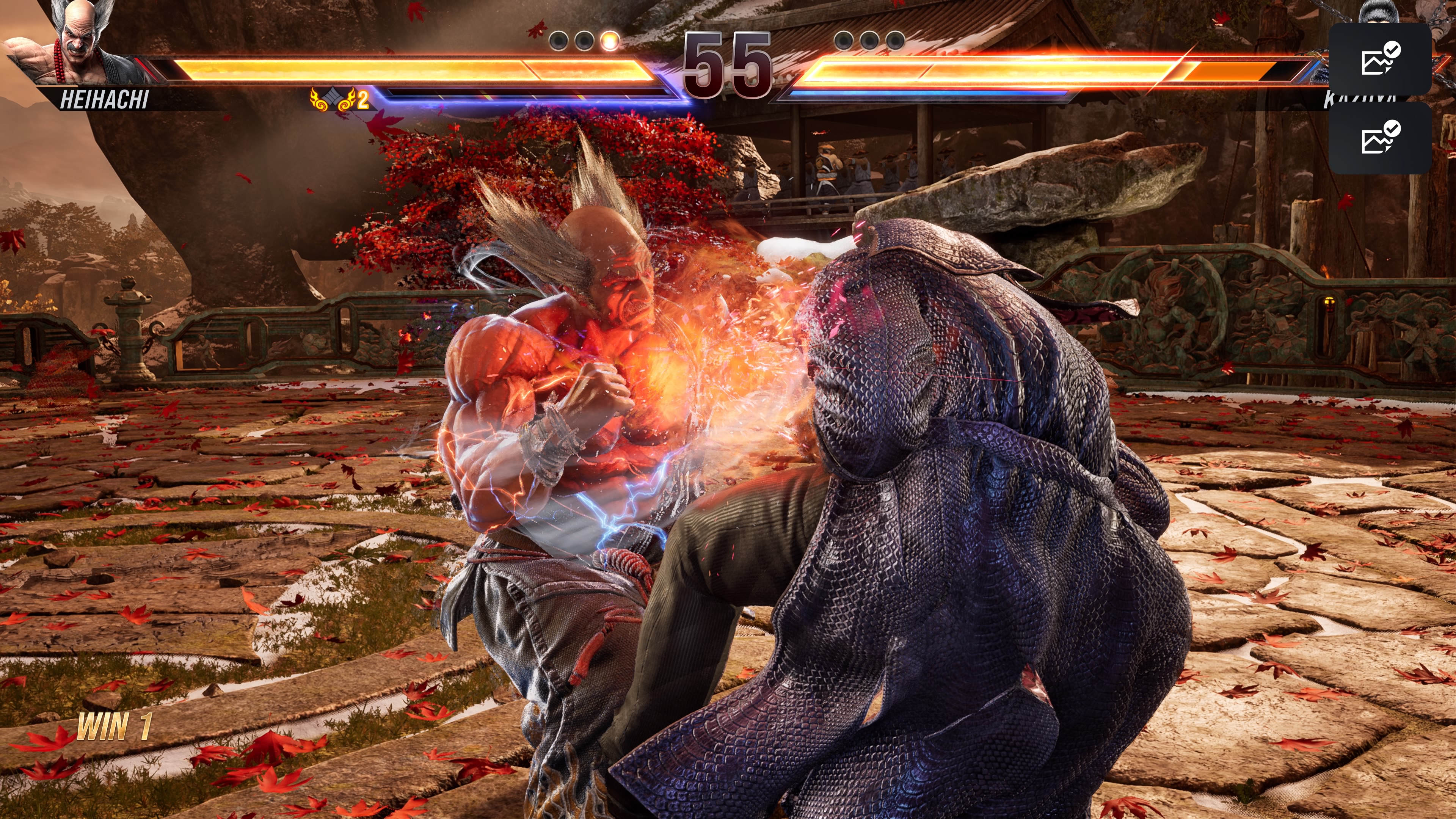 [EMBARGOED] A screenshot of Tekken 8 Heihachi in the Genmaui Temple battering Kazuya