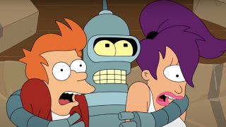 Bender holds Fry and Leela close to himself in Futurama.